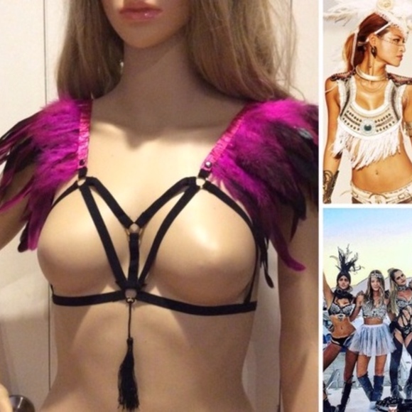 🌺 3PC: MAGENTA FEATHER BRA NECKLACE HAIR CLIP TRIBAL BURNINGMAN FESTIVAL EVENT - Picture 5 of 9